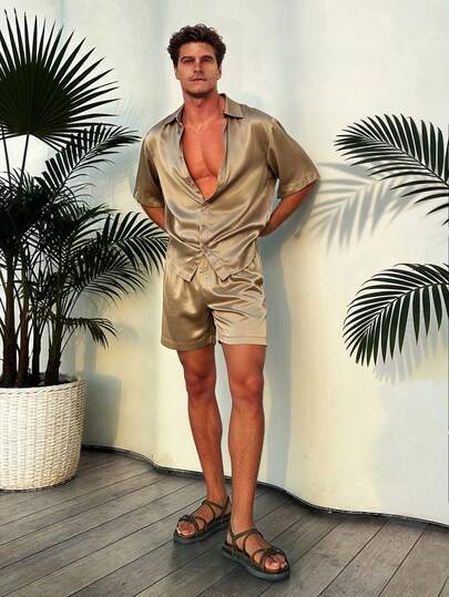 Airaco Men's Solid Color Single-Breasted Short Sleeve Shirt And Shorts Casual Daily Suit