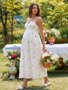SHEIN 孕妇夏季休闲碎花镂空刺绣无袖连衣裙 - 白色 - 查看 1