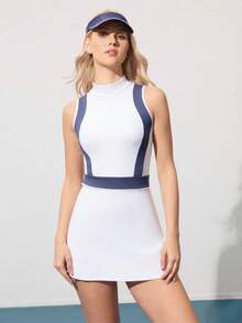 CourtClass CourtClass 女士高尔夫运动连衣裙 高腰修身弹力户外训练连衣裙，撞色运动连衣裙配内衬短裤，网球连衣裙 - 藍白色 - 查看 6