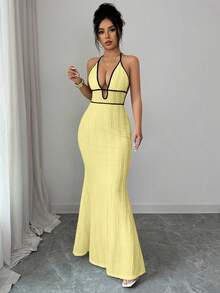 Rafferiza 女士纹理紧身吊带连衣裙，性感度假/约会之夜装扮，黑色滚边，春夏款 - 淡黃色 - 查看 5