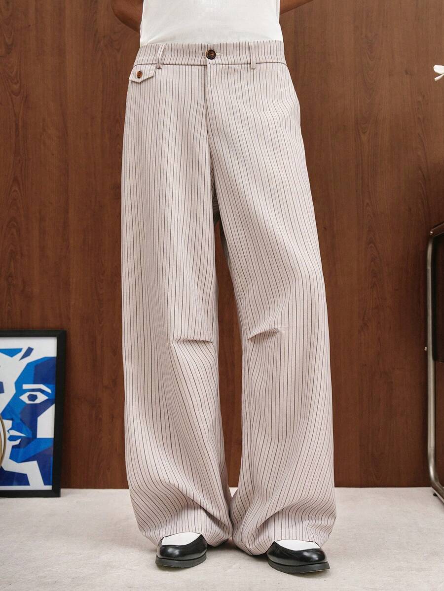 TOKVUE Men's Black And White Striped Wide-Leg Pants,Retro Vertical Striped Straight-Leg Trousers,Relaxed Fit Casual Summer Business Work Daily Commute Pants - Light Grey - View 1