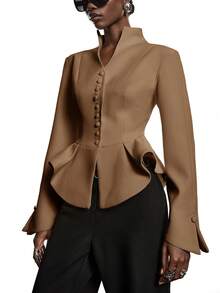 LYSMO Blazer Wanita Bergaya Elegan Warna Polos Kancing Tunggal - Unta - View 4