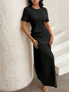 Modelyn Women's Elegant Pink Textured Short Sleeve Jacket & Pleated Skirt 2 Pieces Set - Black - View 4