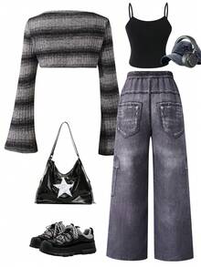 SHEIN 3 Stücke/Set für Teenager Mädchen: Farbverlauf gestreifter Fledermausärmel Cover-Up, einfarbiges Trägertop und Jeans mit Sternendruck und Destroyed-Effekt, Retro-Chic Straßen-Stil - Schwarz - Übersicht 2