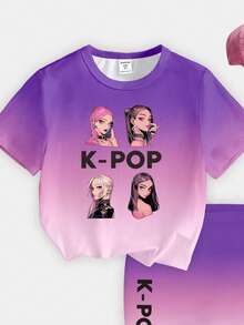 Young Girl Summer Casual Purple Gradient T-Shirt And Bike Shorts Set,Personalized Virtual Girl Group Character Slogan Graphic Print Basic 2pcs Outfit - Multicolor - View 4