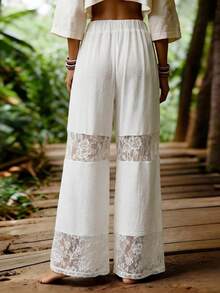 Zayélia Off-White 女款休閒長褲，彈性直筒褲管，蕾絲拼接設計，適合海灘與夏季穿著 - 白色 - 查看 2