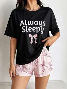 Teen Girl Sweet Casual White English Text & Pink Bow Print Top And Shorts Pajama Set - Multicolor - View 5