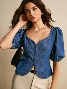 2026 Blusa de mezclilla casual con cuello de corazón y mangas abullonadas para mujer - Azul lavado medio - Ver 4