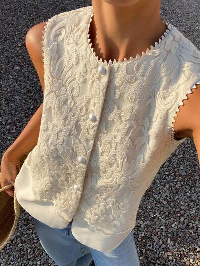 DAZY Chaqueta de chaleco sin mangas con cuello redondo, de encaje jacquard y parches, elegante y formal para mujeres en verano