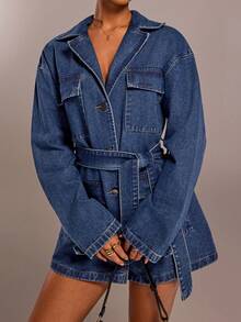 Forever 21 秋冬女式蓝色牛仔夹克圣诞新年假期派对女式外套蓝色外套假日新年宽松外套长袖外套除夕新年圣诞派对女式牛仔假期女式假期圣诞节 Y2k 宽松翻领复古派对装蓝色水洗口袋街头风格腰带优雅日常装休闲牛仔外套 - 藍色 - 查看 7