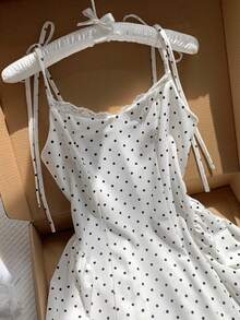 Comfortcana Women's Polka Dot Print Contrast Lace Camisole Mini Dress Vacation White With Black Polka Dots Summer Golf Sexy - Black - View 4