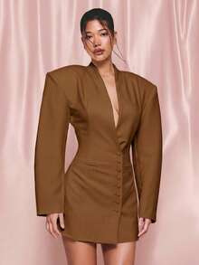 KIZN Đầm blazer nữ màu nâu sô cô la dáng ngắn, cổ chữ V sâu, tay dài, cài cúc phía trước, thích hợp cho các buổi tiệc tối trang trọng. - màu nâu - Xem 1