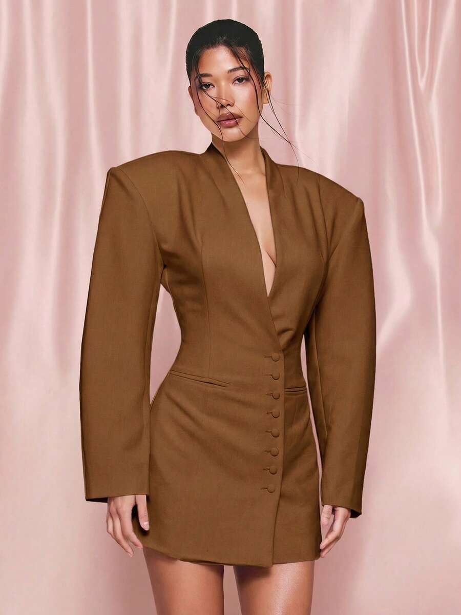 KIZN Đầm blazer nữ màu nâu sô cô la dáng ngắn, cổ chữ V sâu, tay dài, cài cúc phía trước, thích hợp cho các buổi tiệc tối trang trọng. - màu nâu - Xem 1