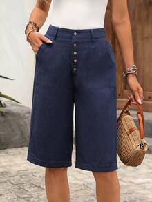 SHEIN LUNE Women's Chic Elegant Navy Blue 100 Percent Cotton Slant Pocket Bermuda Shorts, Summer Vacation Casual Solid Color Half Pants Daily Wear - Blue - View 7