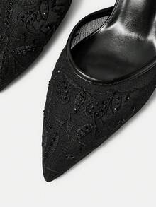 CUCCOO HITCHD Pointed Breathable Mesh Rhinestone Hollow Fashion Embroidery Temperament Versatile Sexy Fairy Banquet Black High Heels - Black - View 10