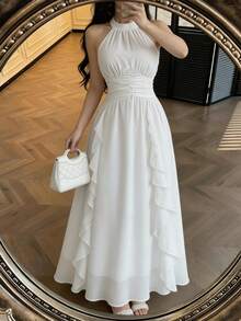 GlowEve Women's Casual Elegant Birthday Stand Collar Ruffle A-Line Long Dress, Summer - Beige - View 3