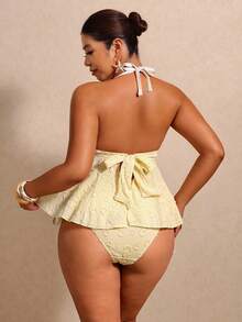 Elaquor Plus Size Contrast Trim Halter Backless Tankini Set Yellow Swimwear For Women Two Pieces Bathing Suit Tops Woman Summer Beach Vacation - Light Yellow - View 2