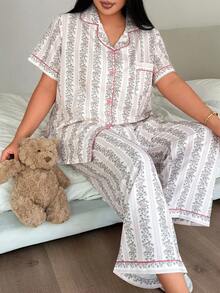 Napfluff CURVE Napfluff CURVE Loose Fit Slimming Vertical Striped & Ditsy Floral Lapel Sleepwear Set, Plus Size - Coral Pink - View 4