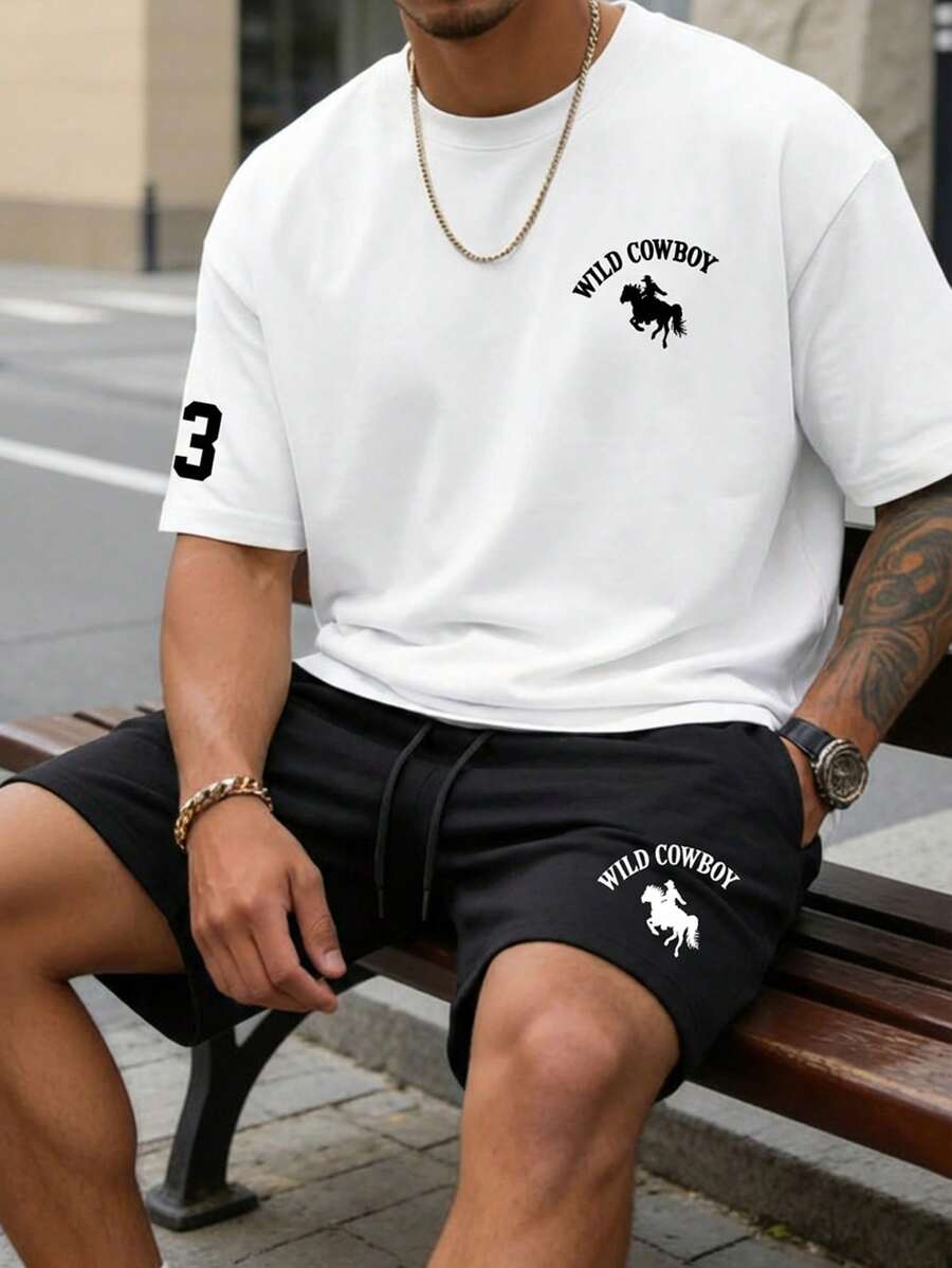 Sorvial 2 件经典黑白西部牛仔马图标设计圆领 T 恤 + 短袖套装，百搭复古休闲简约短袖 T 恤和短裤套装 - 彩色 - 查看 1