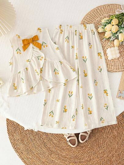 SHEIN LMoss Kids Genç Kız Çocuk Dokuma Düz Renk Yuvarlak Yaka Kablosuz Şarj Edilebilir Bol Kesim Günlük Üst ve Uzun Pantolon Takımı, Yazlık