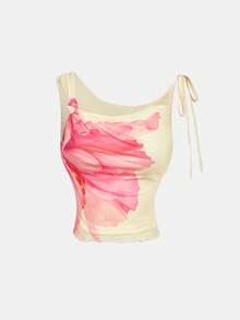 Skyraze Women's Soft Pink Floral Asymmetric Shoulder Crop Top, Summer Boho Tropical Beach Vacation Holiday Blouse, Chic Retro Rose Garden Party Corset Top - Multicolor - View 3