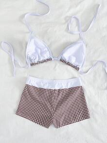 Swim Mod 2026 New Spring/Summer Plus Size Women Plaid Random Print Sports Shorts Swimwear Bikini Set,White Summer Beach Holiday Holiday,New Year Party - Multicolor - View 8