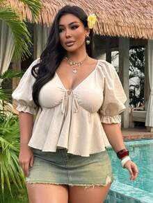 Dazy Plus Plus Size Women's Solid Color Gathered Tie Front Ruffle V-Neck Casual Vacation Summer Crop Top Shirt Gym Brown - Apricot - View 2
