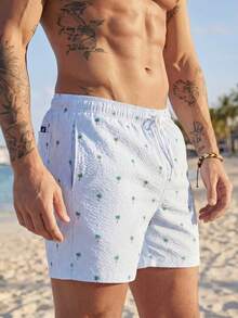 VIVINTIMO Quần short đi biển mùa hè in họa tiết cây dừa sọc có dây rút cho nam, phong cách Hawaii - Màu xanh nhạt - Xem 5