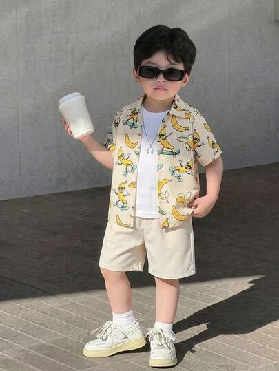 2pcs Kids/Young Boys Casual Striped Lapel Open Front Loose Short Sleeve Shirt And Pants Woven Outfit Set