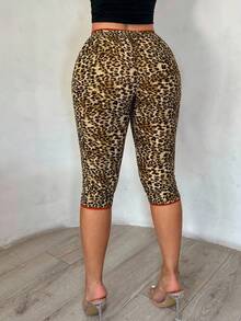 SHEIN PETITE CURVE 大码女装时尚豹纹蕾丝边七分紧身裤，修身迷你裙，猎豹纹，豹纹，女士短款紧身裤，豹纹，性感，外出，Y2K，豹纹 - 彩色 - 查看 2