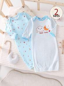 2-Pack Newborn Blue Summer Nightgown & Swaddle Blanket Set, Star & Moon Print, Long Sleeve Spring & Summer Pajamas, Ideal For Easy Changing - Baby Blue - View 6