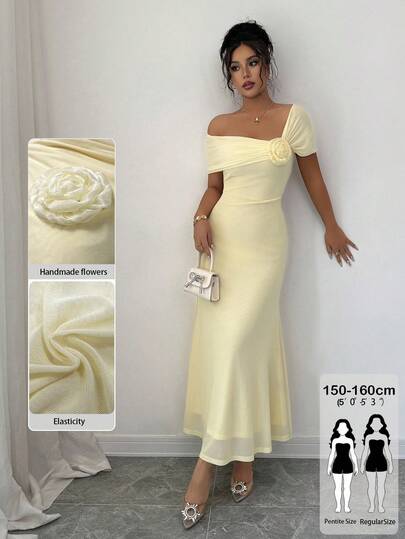 Modelyn Petite Spring/Summer Off-Shoulder Floral Bodycon Dress, Elegant & Slimming Reception Gown Occasion Dresses For Ladies High Quality Dress Dinner Gown For Ladies New Dress Design Zanea Dress For Woman Yellow Dress Yisikado Dress Elegant Dress Rehearsal Dinner Dress Handmade Flowers Dress