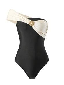 Swim Oasis Bộ bikini liền thân phối màu nâu và be dành cho nữ, trang phục đi biển thanh lịch. - Nhiều màu - Xem 5