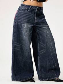 ROMWE Fairycore Quần jeans cỡ lớn kiểu vintage, bạc màu, thêu hình bướm. - Màu xanh hải quân - Xem 5