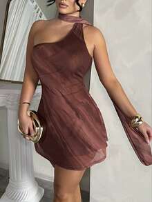 Dayanna Comas Damen Batik-Ärmellos Plissee Sexy Mode Mini-Kleid - Kaffeebraun - Übersicht 3