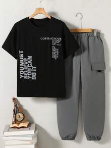 2pcs/Set Teen Boys Black T-Shirt Paired With Khaki Shorts, T-Shirt With Matching Pocket, Fashionable Versatile Outfit Suitable For Sports, Outings, School, Various Occasions, Essential Summer Attire For Teenagers - Grey - View 7