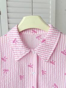 SHEIN 少女粉白条纹蝴蝶结印花短袖衬衫 - 粉色 - 查看 5