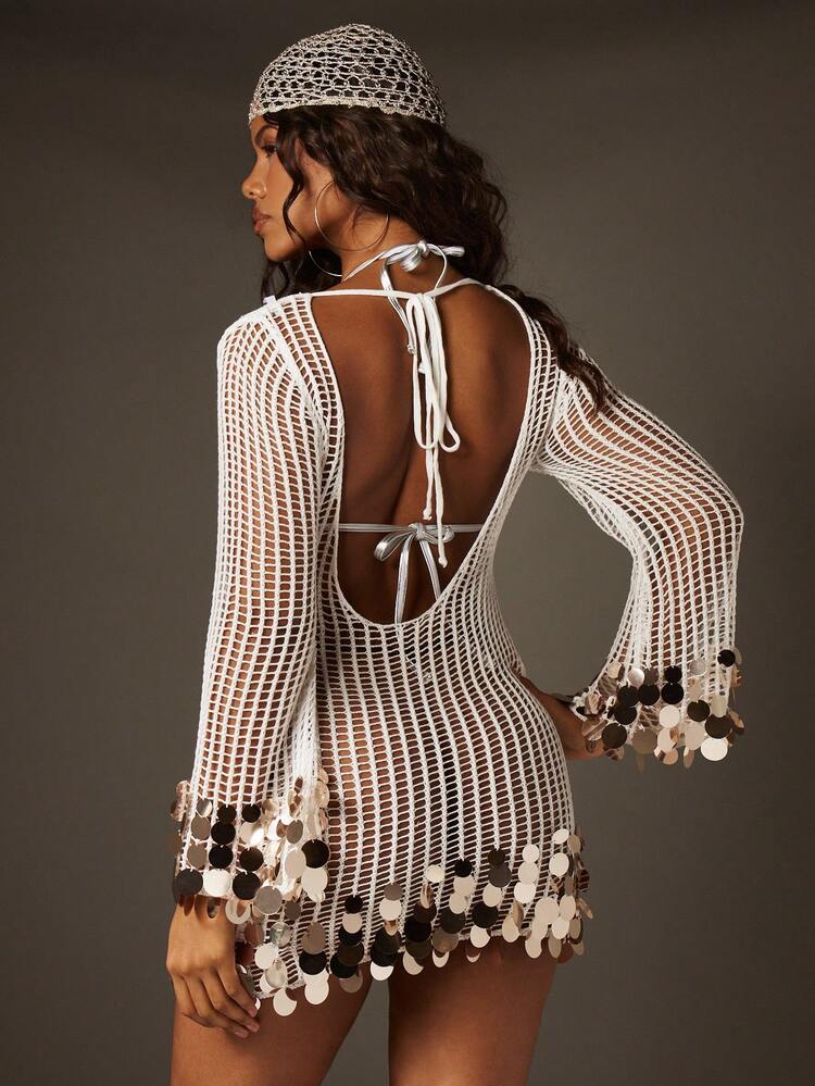 MISSGUIDED Sequin Embellished Fishnet Crochet Mini Dress Long Bell Sleeves Metallic Disc Details For Party Occasions