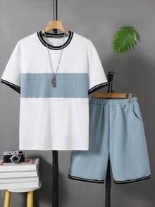 SHEIN Vacaura 2件套青少年男童夏季撞色字母拼接圆领短袖T恤和户外休闲时尚3D字母运动短裤 - 藍色 - 查看 7