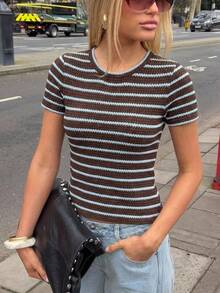 Serisse Women's Striped Crew Neck Short Sleeve Casual Versatile T-Shirt,Vintage Brown And Blue Striped Knit T-Shirt For Women, Summer New Slim Fit Short Sleeve Top, Versatile Commuting Casual Wear,Brown Top ,Casual Blouses For Women,Summer Tops - Multicolor - View 5