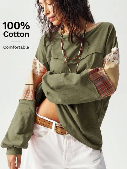 Bohemela 大码女式拼布花卉格子印花圆领落肩长袖休闲宽松T恤