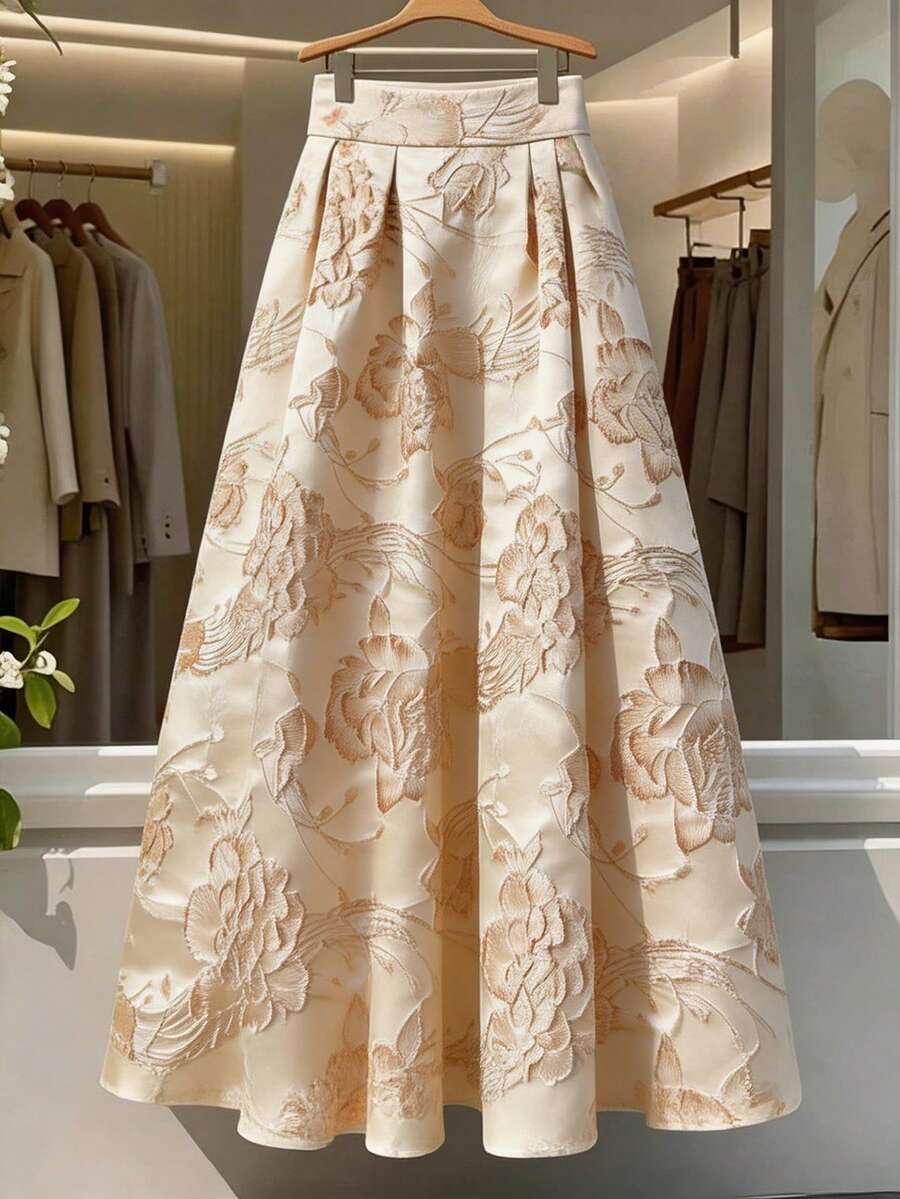 SHEIN Elenzya Elegant Romantic Vacation & Office Commute Party Jacquard A-Line Skirt In Apricot - Apricot - View 1