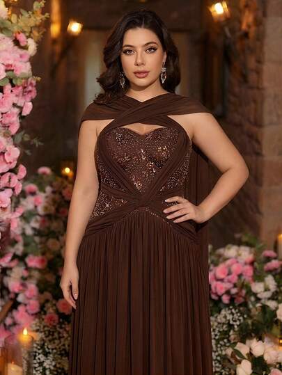 Aureia Đầm maxi cỡ lớn sang trọng, thanh lịch màu nâu đính cườm, sequin, họa tiết ren hoa ghép mảnh, chất liệu dệt kim co giãn, xếp ly, thích hợp cho đám cưới, tiệc tùng, kỳ nghỉ, dạ hội, sự kiện trang trọng (Thiết kế tinh xảo)