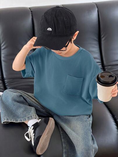 1pc Young Boys' Casual Waffle Texture Pocket Short Sleeve Round Neck T-Shirt, Comfortable & Fashionable Minimalist Design, Versatile For Spring/Summer, Suitable For Daily Wear, Outdoor Play, School, Street Style, Party And Leisure