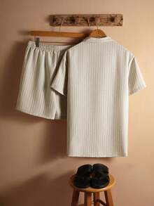 Core Aspect Men's Drop Shoulder Vertical Striped Casual Short Sleeve Shirt And Shorts Set - Khaki - View 2