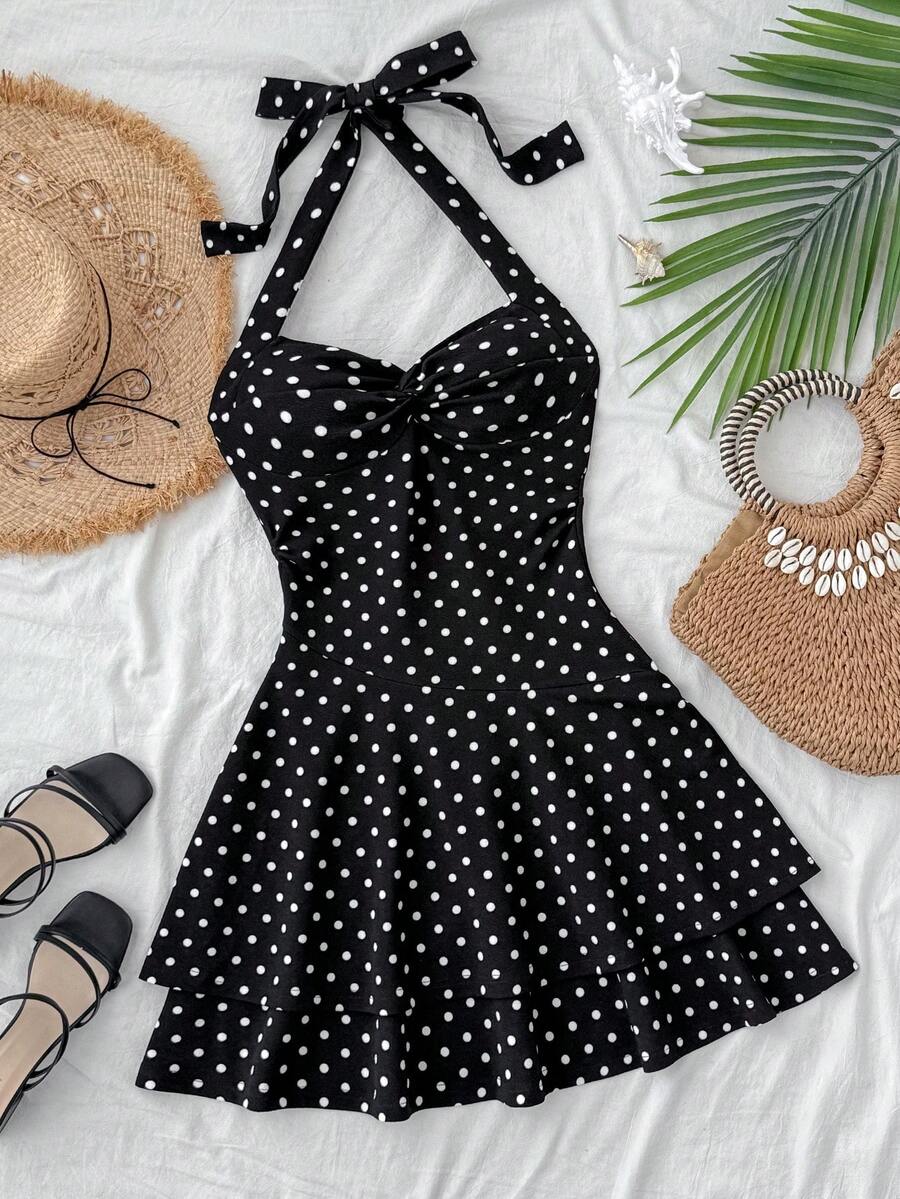 SHEIN Đầm ngắn chấm bi hở lưng cho bé gái tuổi teen, có dây buộc/viền xếp ly và thiết kế hai lớp, thích hợp cho tiệc tùng, hẹn hò, ngày Valentine, kỳ nghỉ. - màu đen - Xem 1