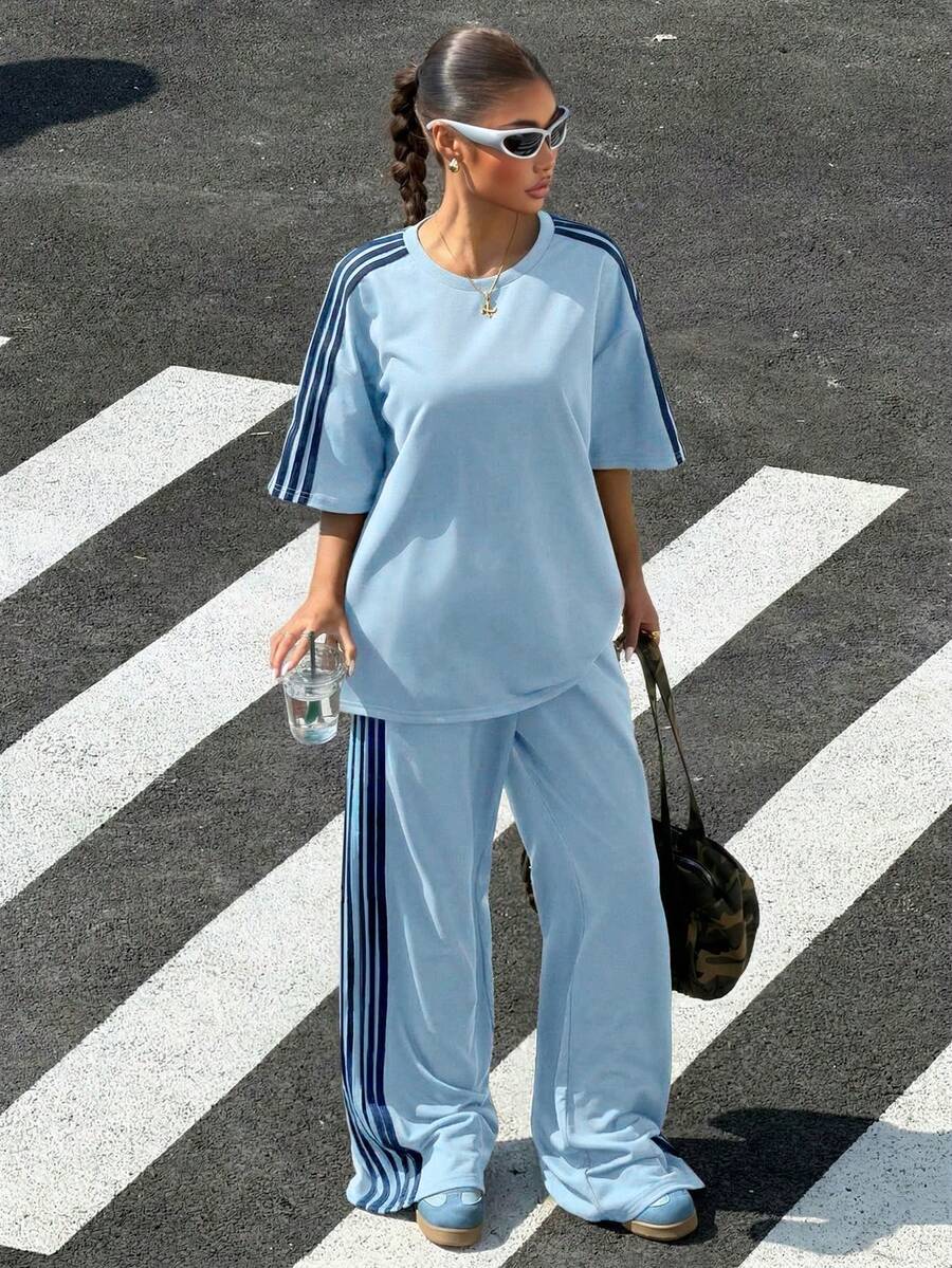 SHEIN Muchic 女士夏季新款复古棕色编织肩带拼接休闲宽松两件套 - 藍色 - 查看 1