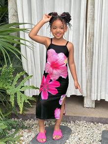 SHEIN Young Girl Floral Print Knit Dress With Slit, Fashionable & Versatile For Beach, Vacation, Hawaii Trip, Family Matching, Sister Photo Shoot, Park, Camping, Party, Casual Daily Wear, Leisure Holiday - Black - View 4