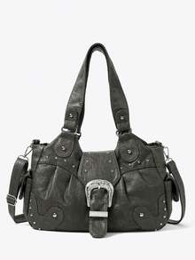 Viva Strut Ladies, Women Vintage Shoulder Bag, Hobo Bag, Silver Large Hardware Buckle, Dark Gray Faux Leather, Fashionable, Personalized, Simple, Versatile, Street, Sweet And Cool Girls, Hot Girls, Y2k, Retro, Rivets, For Daily, Shopping, Music Festival - Dark Grey - View 2