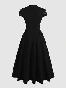 Teen Girl Spring/Summer Elegant Lace Patchwork Long Dress, Dress With Stand Collar, Short Sleeve, Cinched Waist, Ruched Full Skirt, - Black - View 2